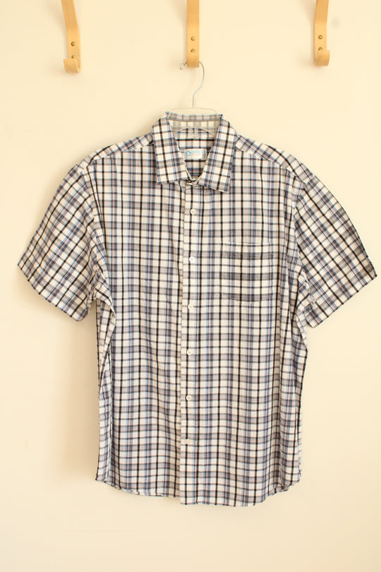 Akashi Collection White Blue and Black Plaid SS Button down Shirt | XL