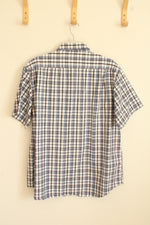 Akashi Collection White Blue and Black Plaid SS Button down Shirt | XL