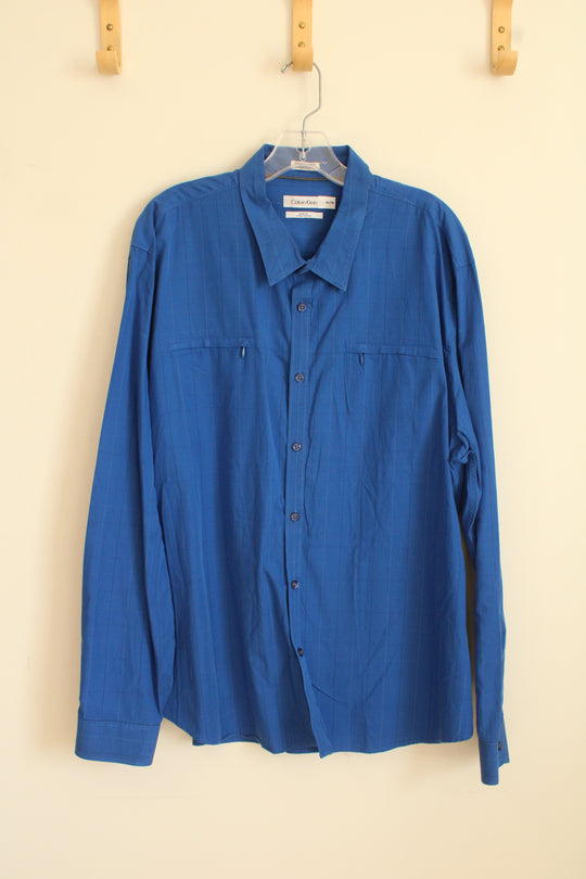 Calvin Klein Cotton Royal Blue Plaid Button Down Zipper Pocket Shirt | XXL