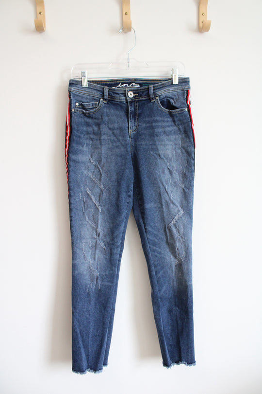INC Denim Skinny Leg Regular Fit Black Red & White Stripe Jeans | 8