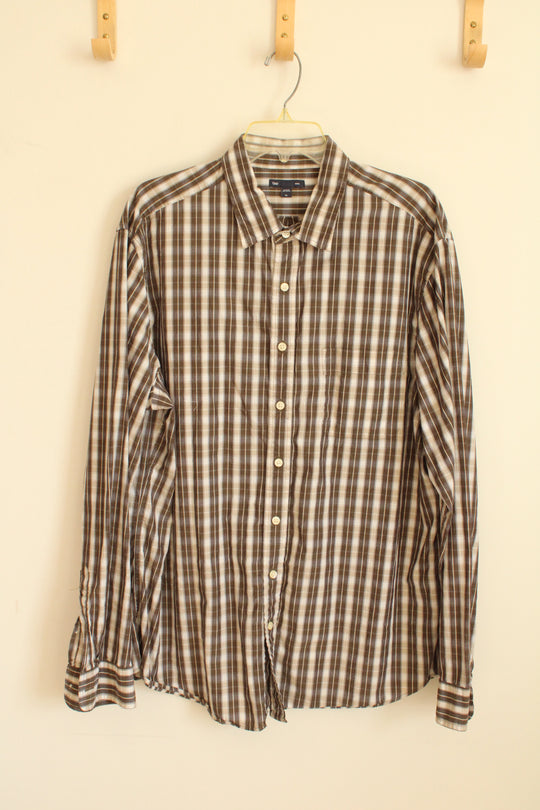 Gap Brown and Tan Plaid Cotton LS Button-down Shirt | XL