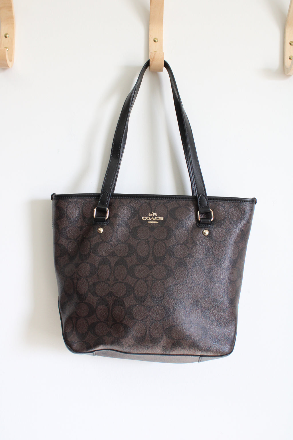 Coach Black & Brown Monogram Zip Top Tote Coated Canvas & Leather Purse