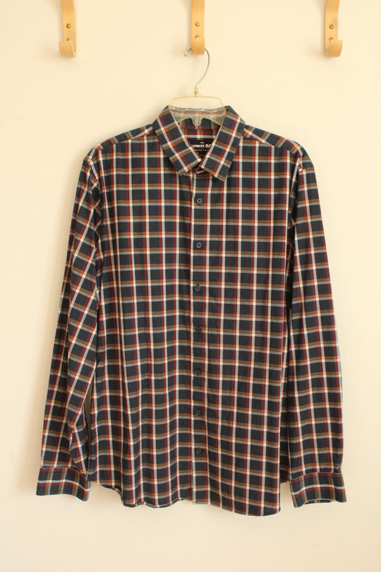 Express Blue Orange and Red Plaid LS Button-down Shirt | L