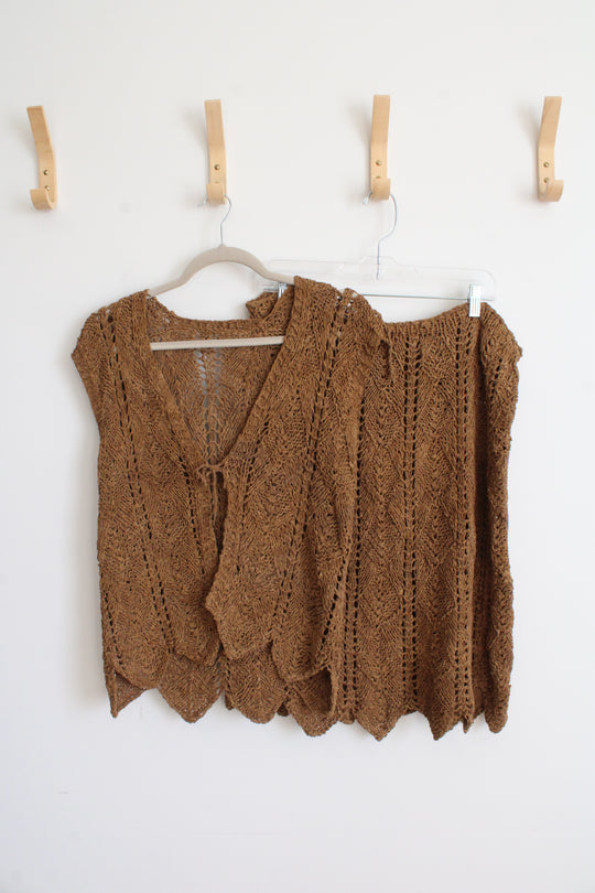 Vintage Boho 70s Brown Suede Crochet Vest & Skirt Set