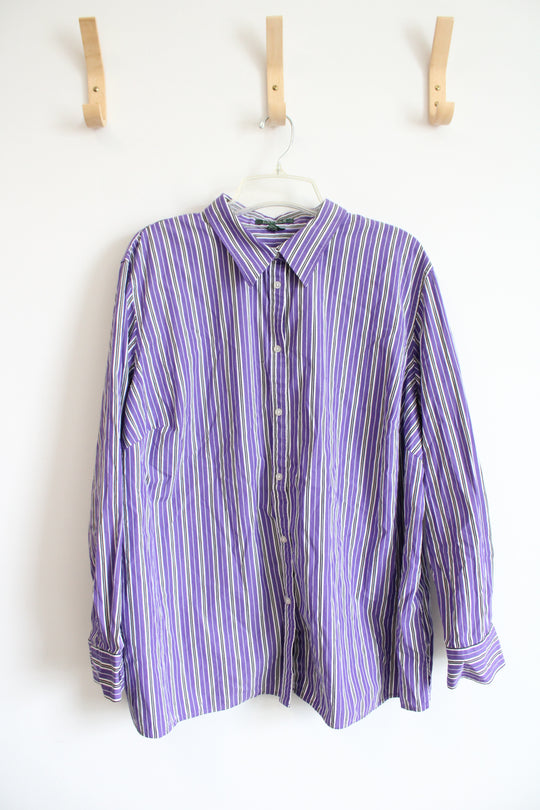 Ralph Lauren Purple Black & White Striped Button Down Top | 3X