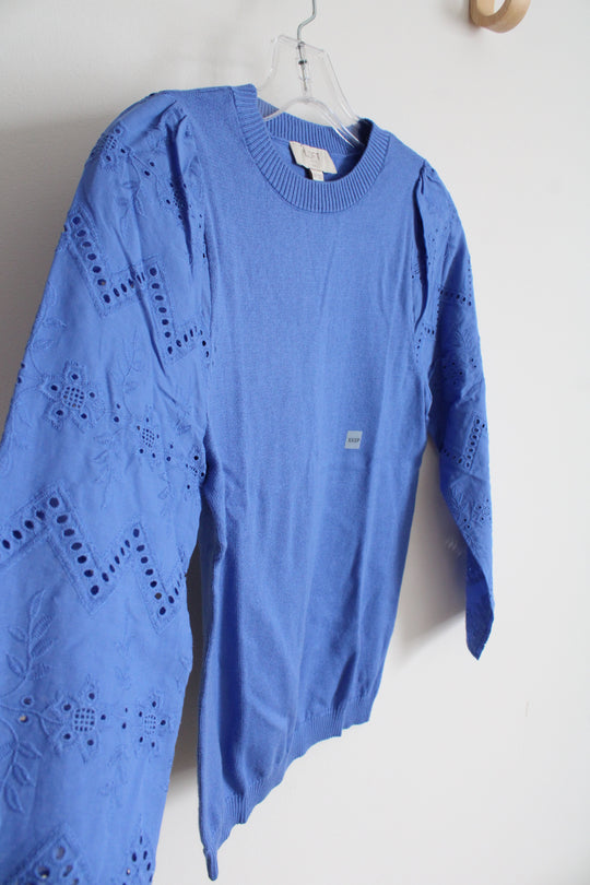 NEW LOFT Blue Eyelet Sleeve Top | XXS Petite