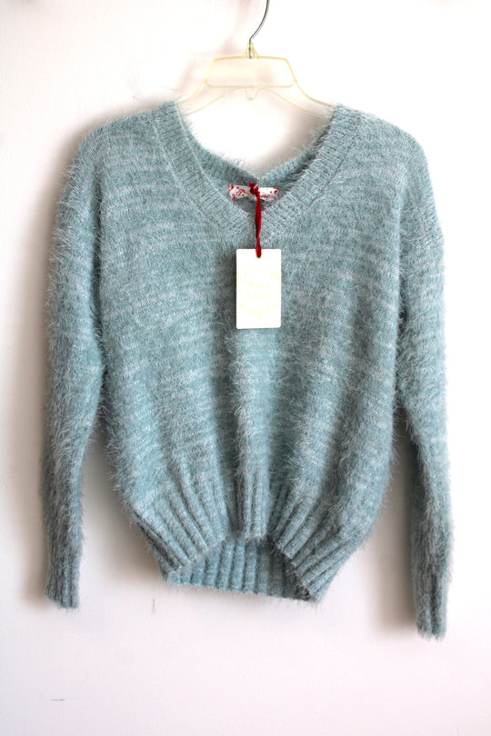 NEW Pink Rose Icy Blue Fuzzy V Neck Sweater | S