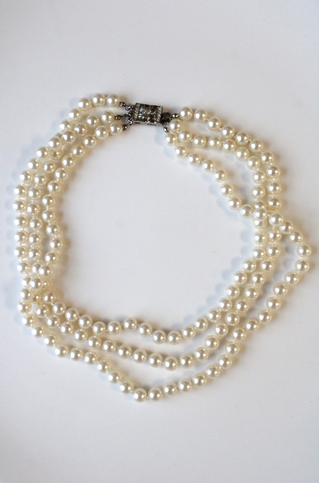 M.K. Vintage Costume Jewelry Triple Strand Faux Pearl Necklace
