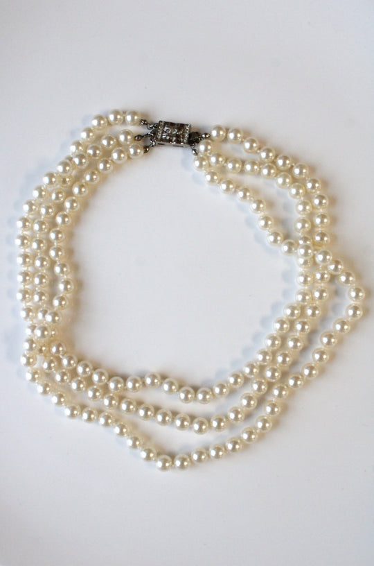 M.K. Vintage Costume Jewelry Triple Strand Faux Pearl Necklace