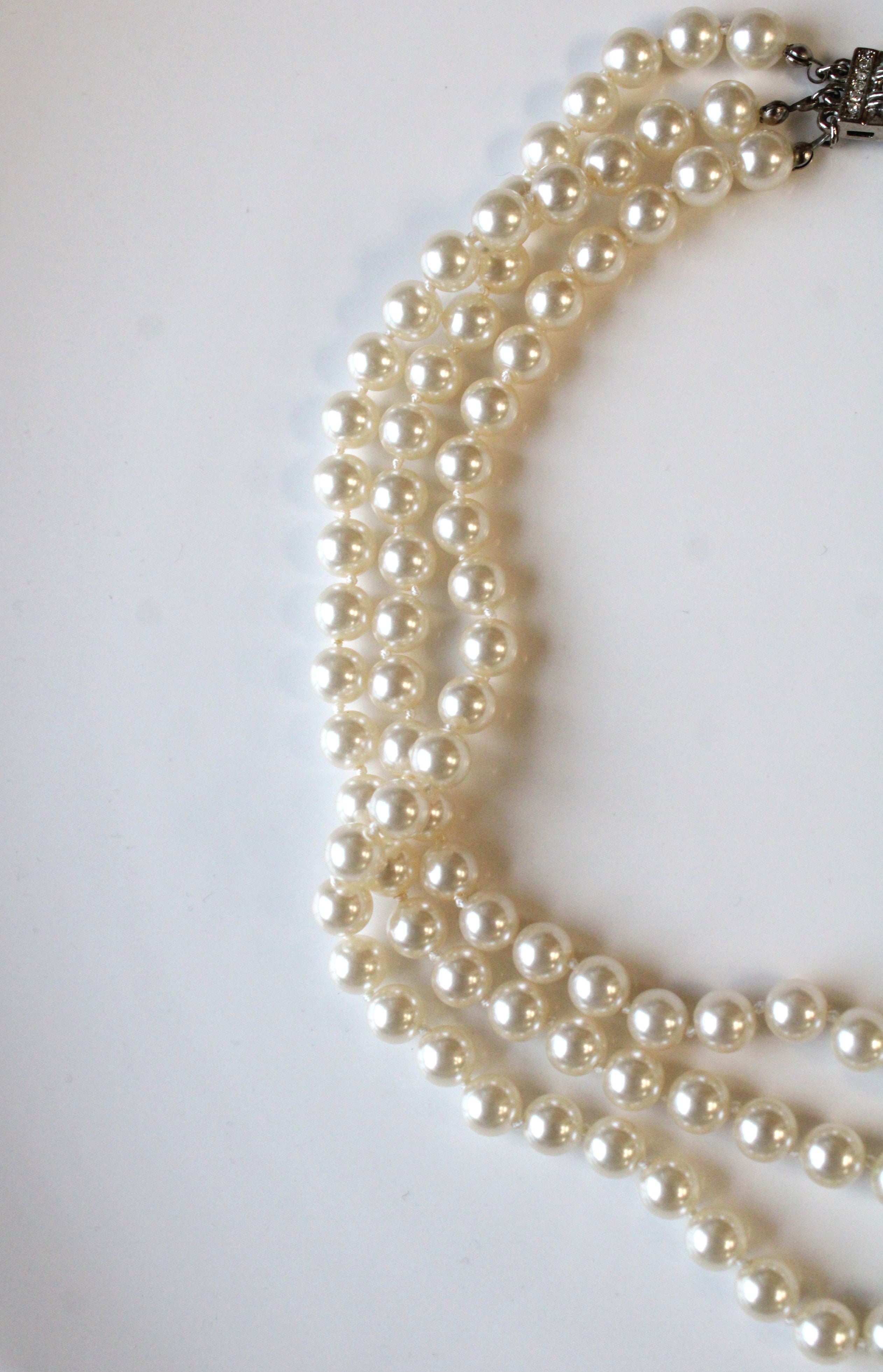 M.K. Vintage Costume Jewelry Triple Strand Faux Pearl Necklace