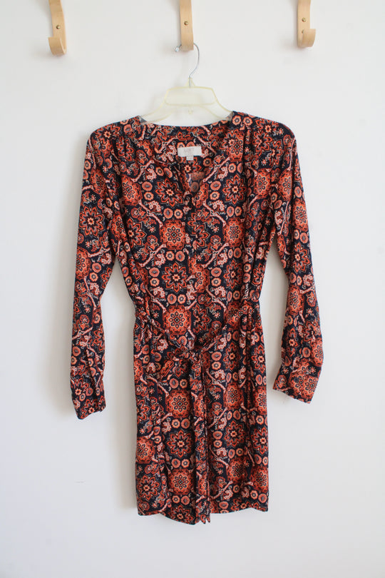LOFT Navy & Orange Patterned 1/4 Button Down Dress | S Petite