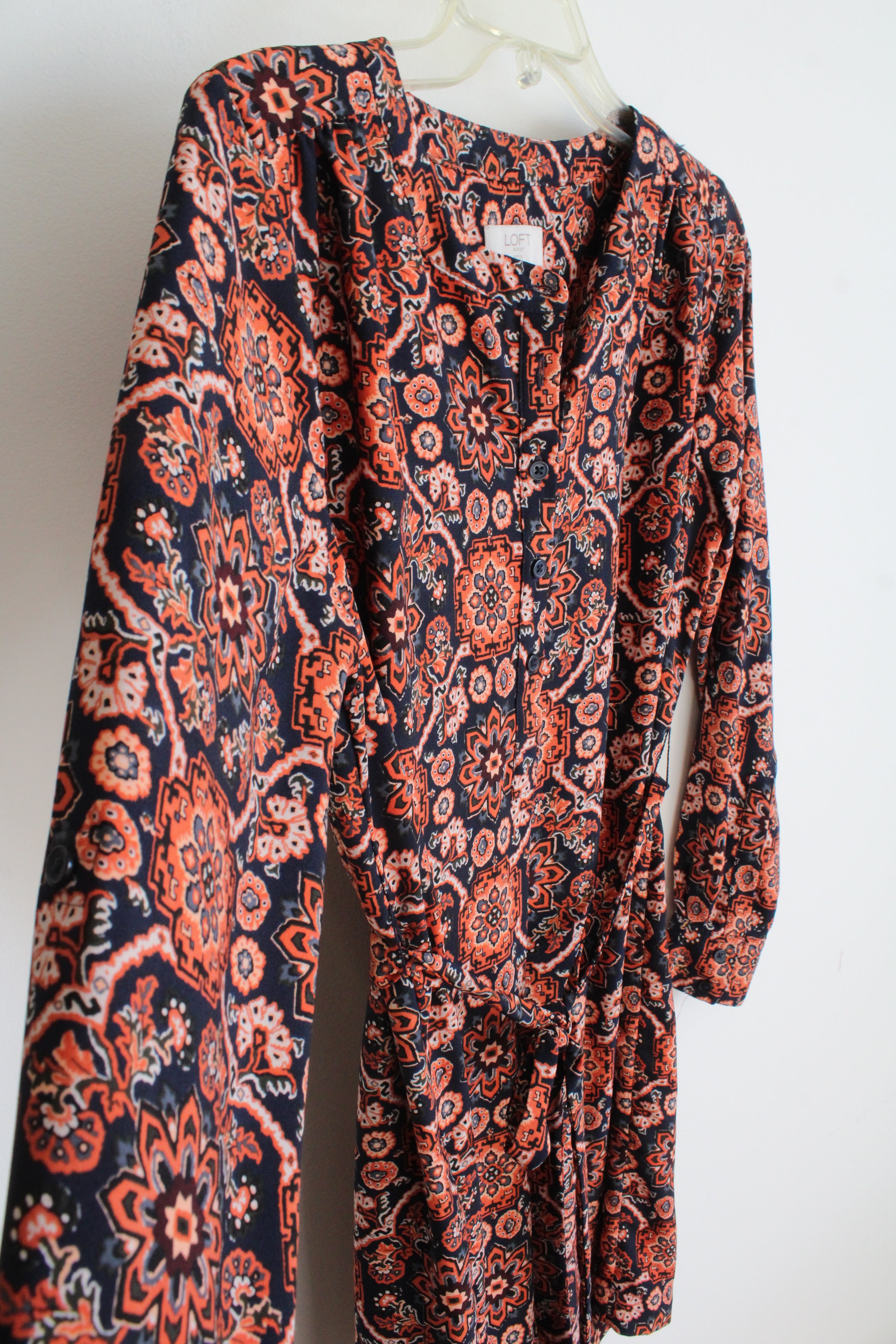 LOFT Navy & Orange Patterned 1/4 Button Down Dress