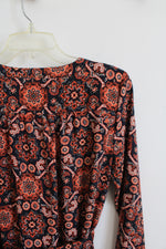 LOFT Navy & Orange Patterned 1/4 Button Down Dress | S Petite