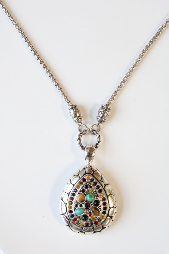 Silver Teardrop Shape Multi-Colored Stone Necklace