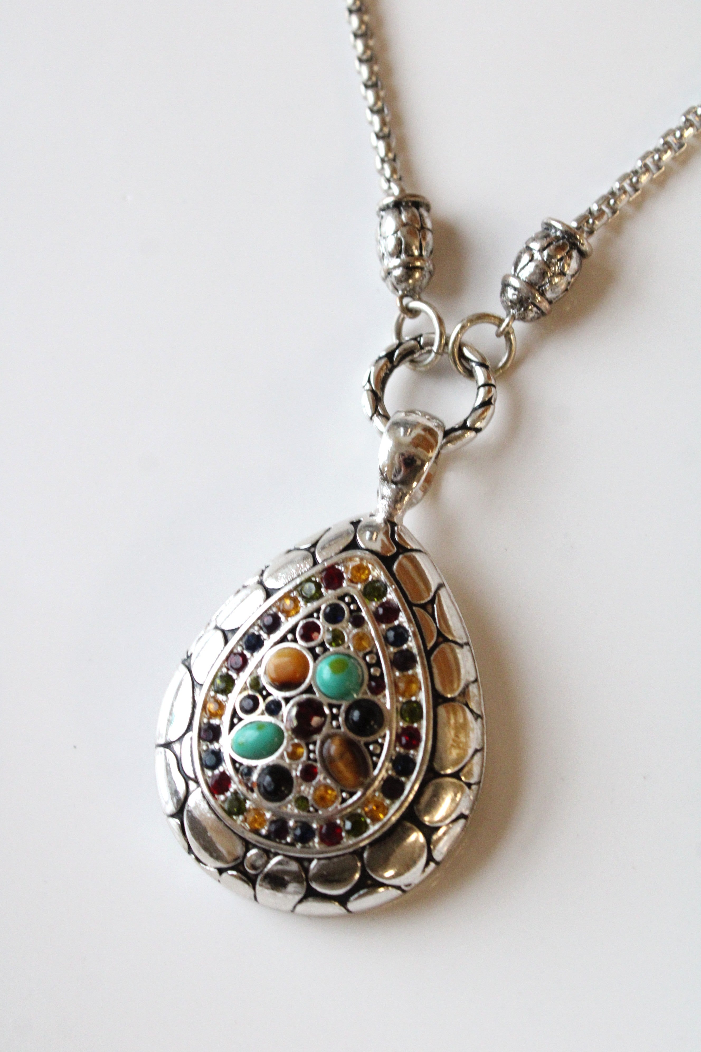 Silver Teardrop Shape Multi-Colored Stone Necklace