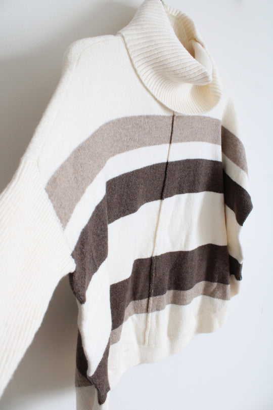 NEW LOFT Cream & Brown Striped Curved Hem Turtleneck Sweater | XXS Petite