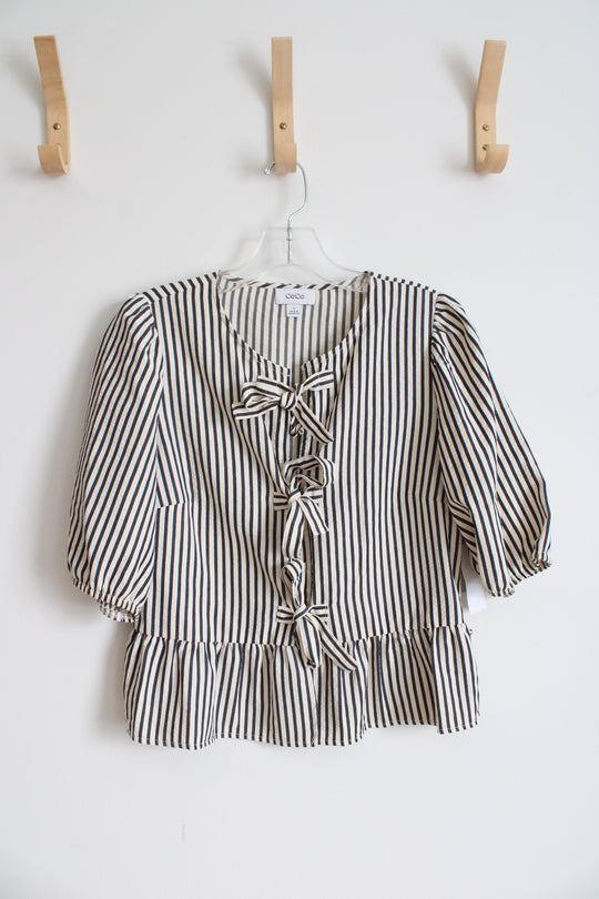NEW Cece Blue & Cream Striped Tied Bow Front Peplum Top | M