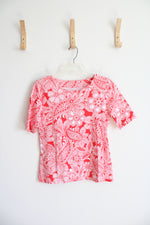 Talbots Red & White Floral Scalloped Neck Top | S Petite