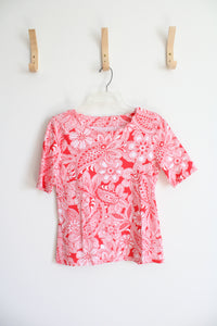 Talbots Red & White Floral Scalloped Neck Top | S Petite