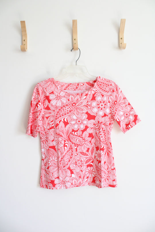 Talbots Red & White Floral Scalloped Neck Top | S Petite