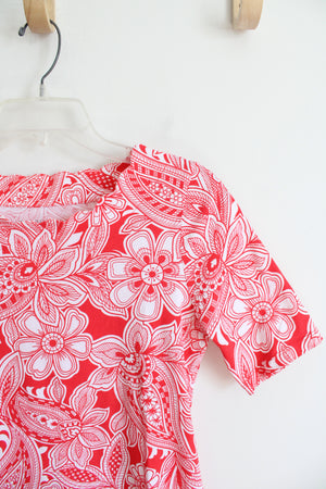 Talbots Red & White Floral Scalloped Neck Top | S Petite