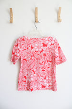 Talbots Red & White Floral Scalloped Neck Top | S Petite