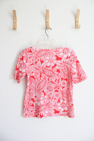 Talbots Red & White Floral Scalloped Neck Top | S Petite