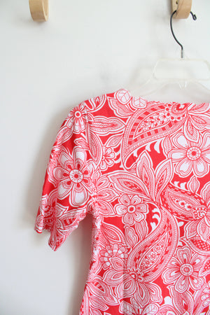 Talbots Red & White Floral Scalloped Neck Top | S Petite