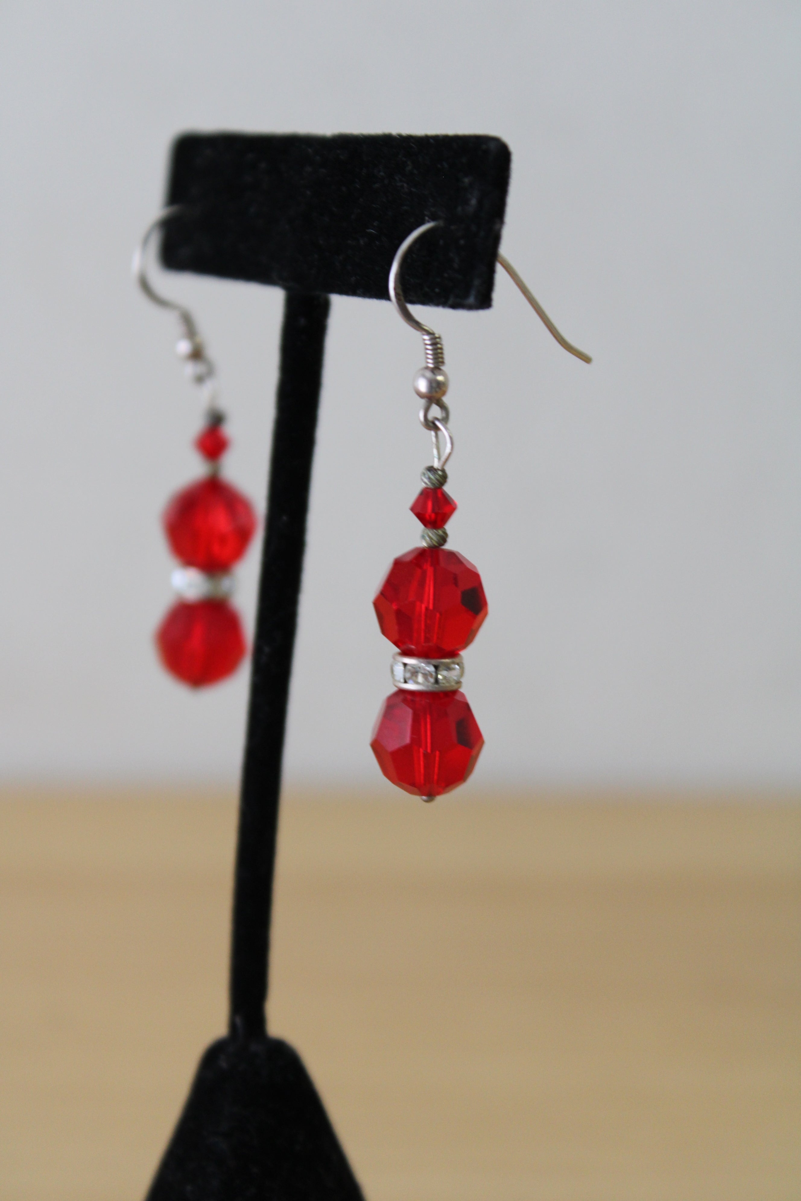 Red Beaded & Heart Dangle Earring Pair