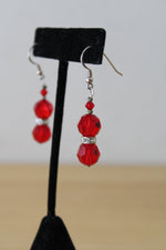 Red Beaded & Heart Dangle Earring Pair