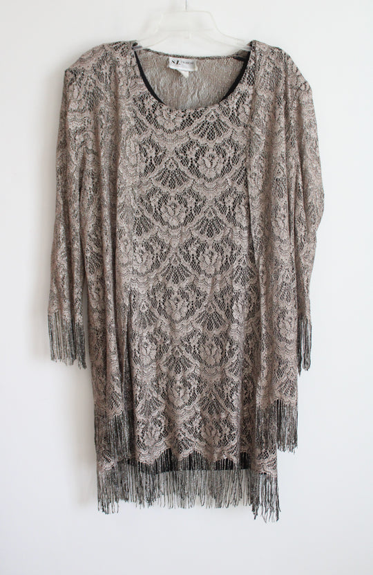 Vintage SL Fashion Metallic Gold & Black Lace Fringe 2-Piece Dress Set | 18