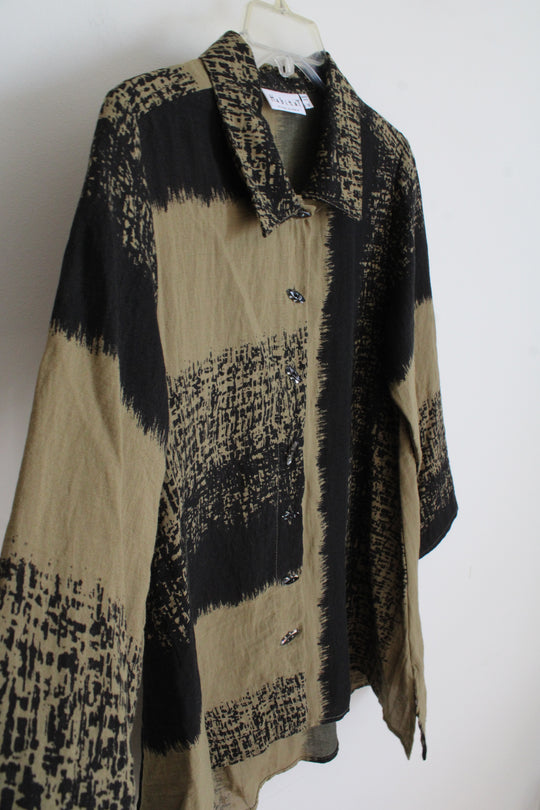 Habitat Olive Green & Black Patterned Button Down Top | XS