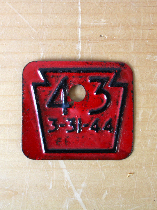 Vintage 1944 Pennsylvania License Plate Registration Tag
