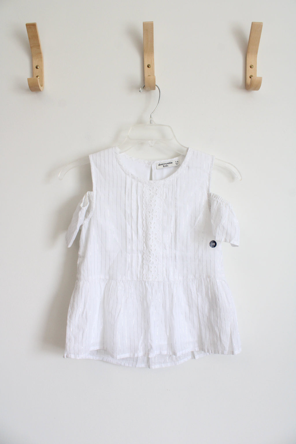 NEW Abercrombie Kids White & Silver Metallic Stripe Cold Shoulder Top | Youth 7/8