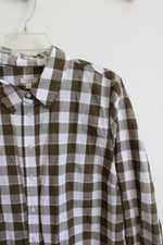 Talbots Olive Green & White Plaid Button Down Top | L