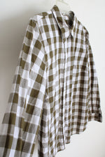 Talbots Olive Green & White Plaid Button Down Top | L
