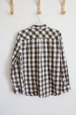 Talbots Olive Green & White Plaid Button Down Top | L