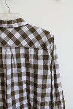 Talbots Olive Green & White Plaid Button Down Top | L