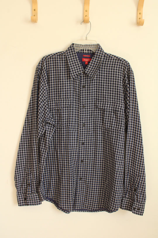 Haggar Royal Blue Black and White Plaid LS Button-down Shirt | XL