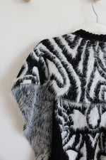Sioni Black & White Patterned Fuzzy Sweater Cardigan Vest | L/XL