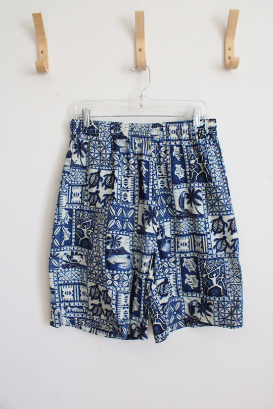 Blue & Cream Tropical Print Cotton Shorts | 2XL