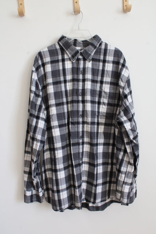 Lands' End Traditional Fit Gray & White Plaid Flannel Shirt | XXL