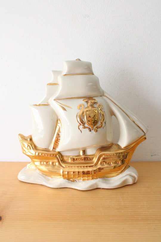 Vintage Schooner Mid Century Ceramic Gold Painted Sail Boat