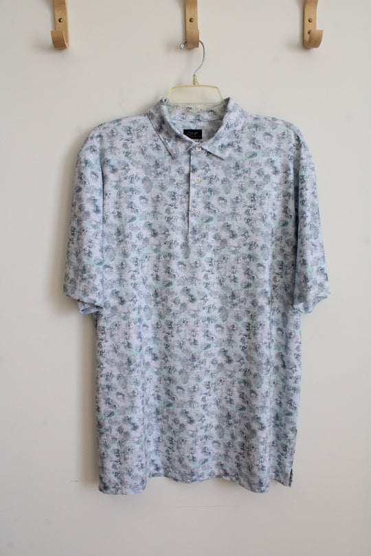 Greg Norman Blue Green & White Tropical Print Polo Shirt | L