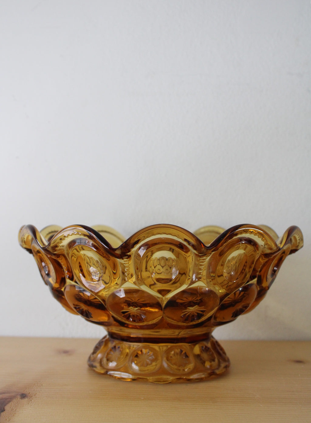Vintage Moon And Stars Scalloped Amber Glass Footed Serving Bowl