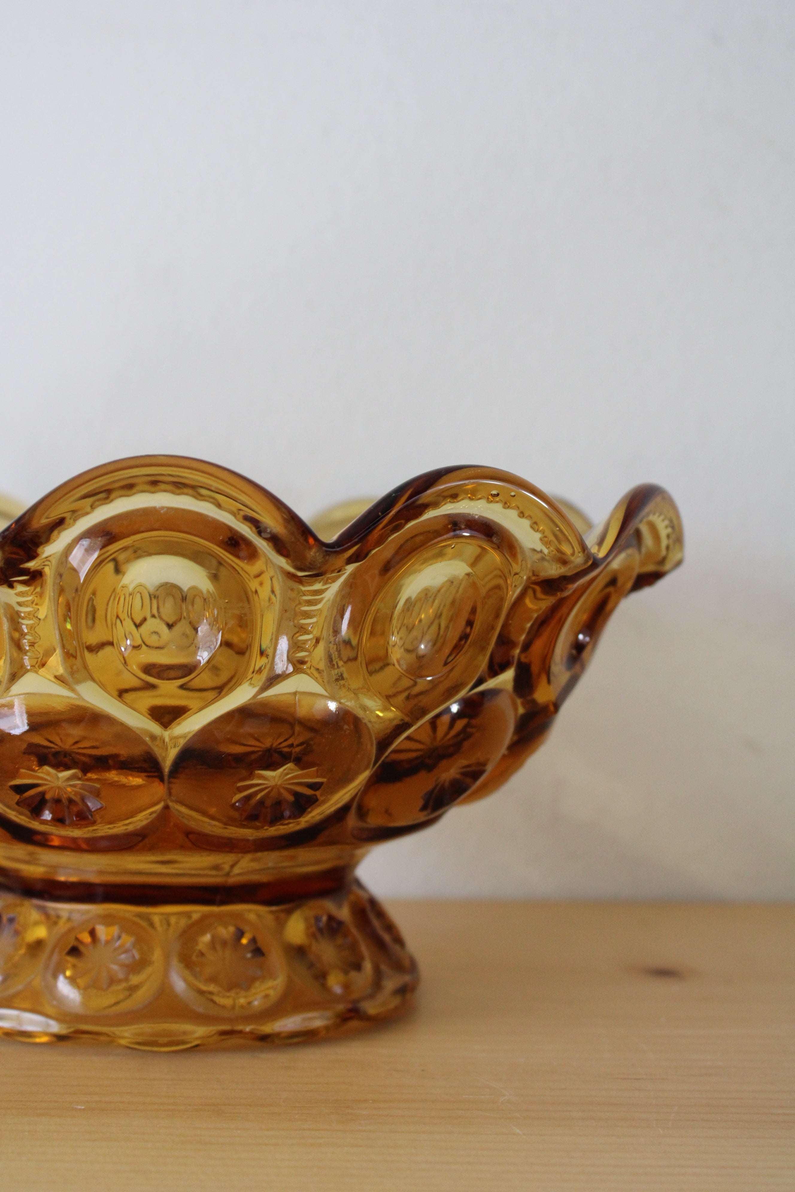 Vintage Moon And Stars Scalloped Amber Glass Footed Serving Bowl
