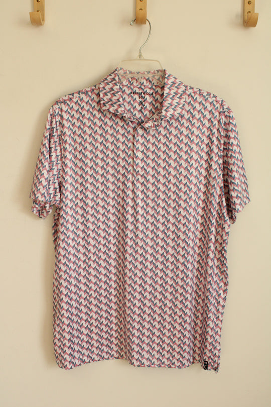 Kenneth Cole White Blue and Pink Printed Athletic Polo | S