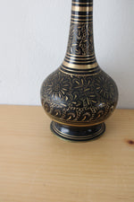 Vintage India Solid Brass Black Etched Vase | 12"