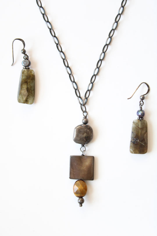 Silpada Sterling Silver Green & Brown Stone Earring Necklace Set