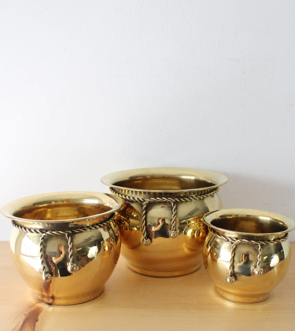 Rope Design Made In India Solid Brass Planters | Set Of 3